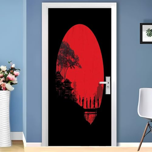 Vattentät dörrposter/dörrfolie 80 x 210 cm samurajmålning i japansk stil självhäftande dörrdekal röd dörrdekoration och dörrtapet för sovrum, vardagsrum och badrum