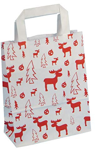 250 Papiertragetaschen Geschenktüten Weihnachten Papiertüten Tragetaschen Papier mit Weihnachtsmotiv Elch Rot auf Weiß 3 Verschiedene Größen zur Auswahl (22+11x28cm)