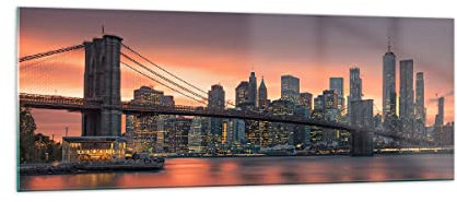 Quadro su Vetro New York ponte notte Stampe da Parete in Vetro 140x50cm Quadri Moderni Soggiorno Camera da Letto Cucina 1 pezzo Grandi XXL Decorazione Murale Wall Art Grafica Immagini GAB140x50-4048