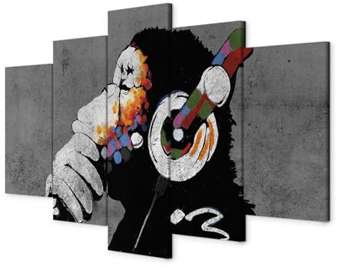 murando - Wandbilder XXL DJ Affe 200x100cm 5 tlg - Wand Deko Leinwand Bilder Groß Wanddeko Wohnzimmer Schlafzimmer Kunstdrucke - Banksy Tier Betonoptik Musik g-A-0288-b-m
