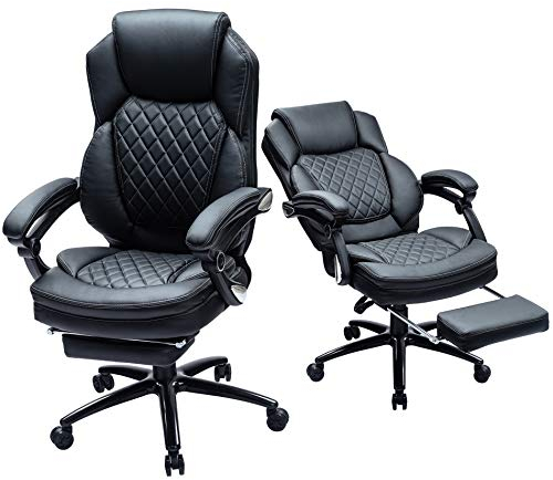 KCREAM Bürostuhl Atmungsaktiver PU Leder mit Fußstütze, Chefsessel mit hoher Rückenlehne und Verstellbarer Armlehne, Schreibtisch Drehsessel höhenverstellbar bis 250 KG