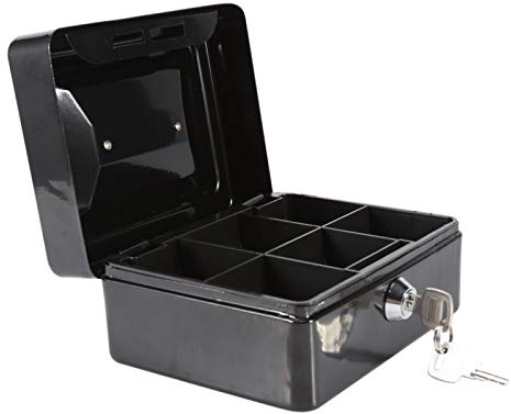 Metal Money Box, Petty Cash Deposit Tin with Lock and 2 Keys, Small Lockable Steel Coin and Cash Box for Home, Office, Yard Sale, Market(Black)