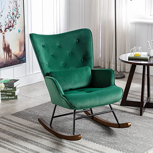 HomeMiYN Velvet Rocking Chair for Nursery Tufted Buttoned Reading Chair with Soft Lumbar and Wood Legs Recliner Relaxing Chairs for Balcony Living Room Bedroom (Dark Green)