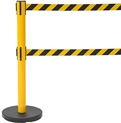 Twin Retractable Queue Barrier, Pull Out Safety Tape (Yellow Post, Black/Yellow Belt)