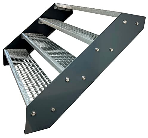 Kaminbau Mierzwa Premium Stahl Treppe Verzinkt & Anthrazit Pulverbeschichtet 4 Stufen (Breite 120 cm) (Höhe 76 cm) Wetterfest Gitterroststufe Gartentreppe