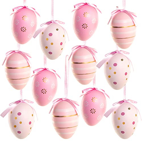 Ostereier zum Aufhängen, 12 Stück: Osteranhänger Plastik, Kleine Osterei-Anhänger, Deko Ostern & Frühling, Osterschmuck Eier, Osterdeko Fenster, Osterstrauch & Osterkörbchen, Rosa & Weiß, 6 x 4 cm