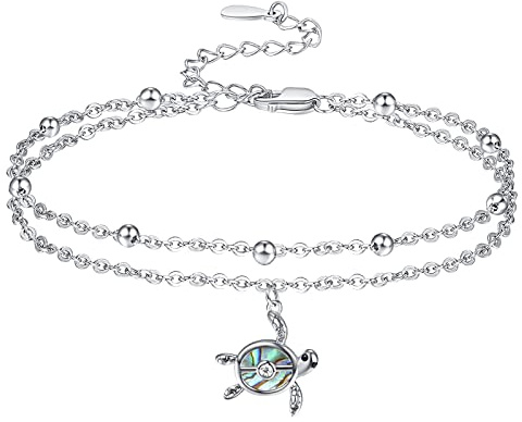 KINGWHYTE Schildkröte Knöchel Armbänder 925 Sterling Silber Meeresschildkröte Layered Fuß Kette Armband Einstellbare Abalone Shell Fuß Schmuck Knöchel Geschenke für Frauen