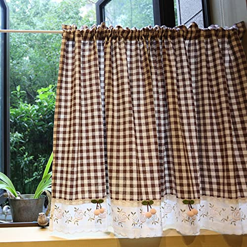 A.Monamour Gardine Scheibengardinen Kurzstores Baumwoll Braun Kariert mit Rosa Kirschgrauem Blickdicht Bauernhaus Kurzgardinen Küchengardine Küche Vorhang Fenster Kurz Stores Bistrogardine