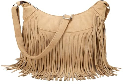 Sunwel Fashion Borsa a tracolla da donna con frange, stile western, in pelle scamosciata, vegana, con nappe, hippie, Beige