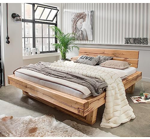 Lomadox Doppelbett Ehebett Bett Echtholz Massivholz, 140x200 cm, Eiche massiv, Holzkopfteil, Massivholzkufen, B/H/T ca. 158/88/228 cm