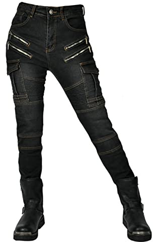 HOMDECR Damen Slim Fit Motorrad Jeans Mit Protektoren Knie Und Hüftprotektoren Stretch Slim Fit Denim Motorradhose Cargo Motorradjeans Schutzhose Biker Pants (Schwarz,L)