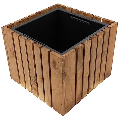 HRB Blumentopf Vintage eckig aus Echtholz beige, hochwertiger Holz Pflanztopf mit Kunststoffwanne mit 11,5 L Volumen für Innen und Außen, die Pflanzkübel haben EIN einzigartiges Design