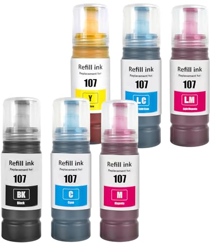 SHUOLEI 107 Tinte Kompatibel mit Epson 107 Tintenpatronen Multipack für EcoTank ET-18100 (6-Pack，Schwarz/Cyan/Magenta/Gelb/Licht Cyan/Licht Magenta)