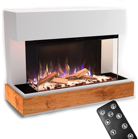 GLOW FIRE Kaminofen Curie mit realistischem 3D E-Motion LED-Feuer - Stand-Elektrokamin mit Heizung, Kaminfeuer & Timer, max. 1500 W, 114x89x41,5, Weiß