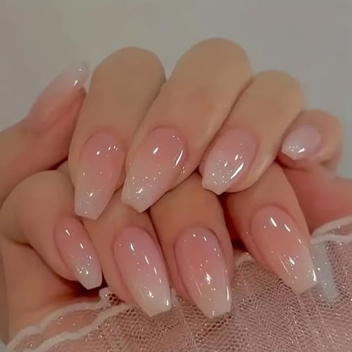 Ceboic 24 Stück Sarg Nägel Zum Aufkleben Mittel, French Press on Nails Ballerina Rosa Farbverlauf Fake Nails Kunstnägel, Quadratisch Acryl Full Cover Fingernägel zum Aufkleben für Frauen und Mädchen