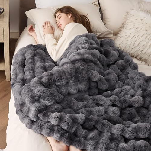 BEDSURE Bubble Decke - Kuscheldecke Flauschig, Dicke und Warme Sofadecke Für Den Winter, Kunstfelldecke, Plüsch Blanket Für Couch und Bett, Wolldecke Überwurf für Zimmer Deko, Grau, 130 X 170 cm
