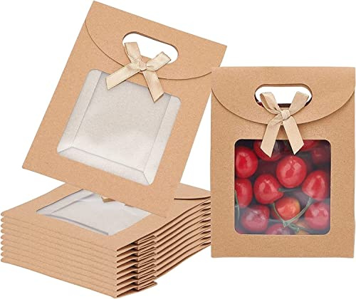 Papier-Geschenktüten, Geburtstagsgeschenktüten, 24 Stück leere Kraftpapiertüten, 11,9 x 6,15 x 15,7 cm, Stand-Geschenktüte mit Griffen, braune Geschenktüte mit durchsichtigem Fenster, Party, Einzelhan