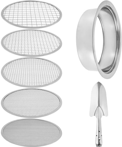 Garden Sieve for Soil and Stones, Soil Sieve Large Heavy Duty Stainless Steel 5 Grid Sizes 1/3/6/9/12mm Interchangeable Meshes, Soil Sifter with Shovel Compost Filter for Sieving Top Soil Garden Stone