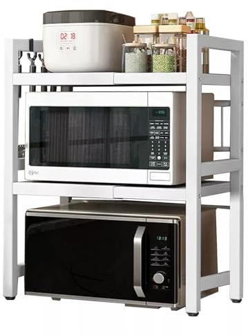 Multibao Expandable Microwave Rack Shelf, 3 Tier oven Rack Stand Storage Holder Kitchen Corner Shelf Desktop Printer Shelf Rack, Bakers Rack (White)