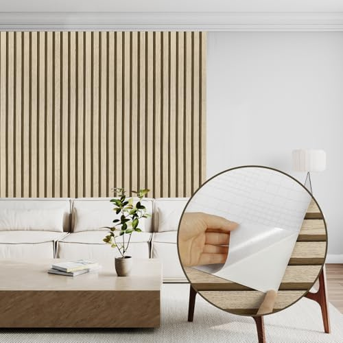 Abyssaly Wood Effect Peel and Stick Wallpaper, Light Oak Brown Vinyl Wrap Self Adhesive Removable Panel Wallpaper 44cmX300cm, Wood Slats Sticky Back Plastic for Furniture Kitchen