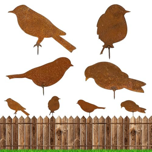 4 Pezzi Uccelli Arrugginito Metallo, Uccelli Arrugginiti da Giardino, Decorazione da Giardino Vintage, Uccelli in Metallo Arrugginita per Esterno, Decorazione Autunnale, Recinzioni in Legno
