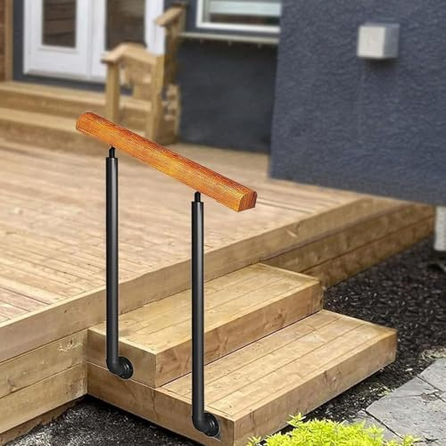 Gaommini Side-Mounted Handrail Wooden, Outdoor Stair Railing Adjustable Safety Hand Rails Wrought Iron Posts Decking Rail for Exterior Loft Garden, Fit 1 to 3 Steps(Height 85cm,Length 80cm)