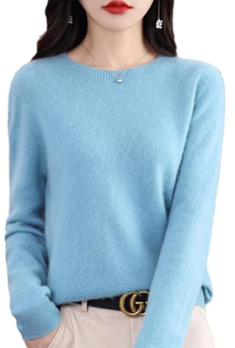 QuyiFa Maglione in Cashmere e Lana Merino per Donna, Maglione Leggero in Maglia (Azzurro, L)