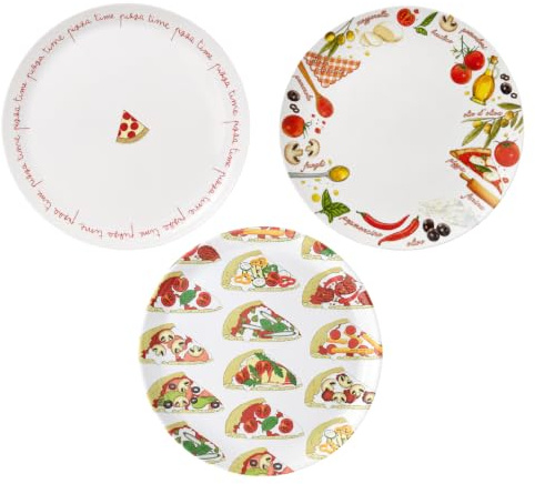 PALUPLUS Set 3 Piatti Pizza Rotondi in Melamina, Diametro 33 cm e Altezza 1,5 cm, Piatto con 3 Decorazioni, Infrangibili e Riutilizzabili, Fantasia Rossa, Pizza Time e Spicchi pizza -4634C