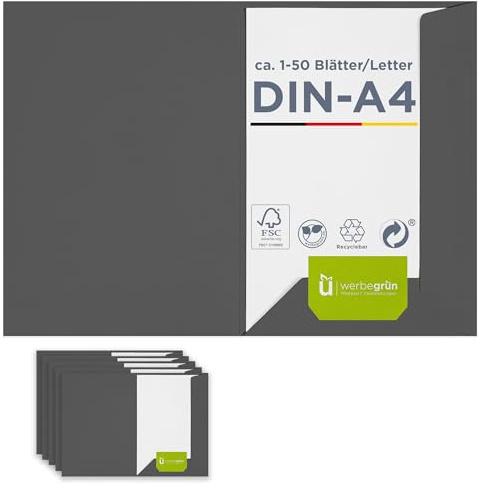 25 x Präsentationsmappe für A4, dunkelgrau, FSC® MIX 70%, sehr stabile Dokumentenmappe 320g/m² Karton mit Visitenkartenschlitz, passt in C4-Umschlag, Made in Germany, direkt vom Hersteller Werbegrün