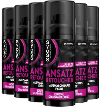 SYOSS Ansatz Retoucher Kaschierspray Schwarz (6x 120 ml), Ansatzspray deckt helleren und grau nachwachsenden Ansatz ab, schweiss- & regenfeste auswaschbare Haarfarbe bis zu 40 Anwendungen