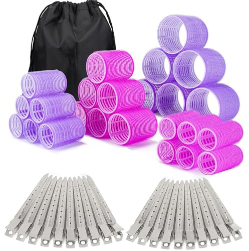 Set di 50 bigodini per capelli, bigodini con clip, materiale in nylon ecologico, 4 misure per vari riccioli, perfetti per styling e volume, 60, 45, 36, 25 mm, 24 pezzi e 24 clip per ricci