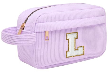 Personalisierte Initialen Make-up-Tasche, Cord-Kosmetiktasche Reise Kulturbeutel mit MetallReißverschluss Tragbare Schminktasche Damen, Weihnachts Geburtstagsgeschenk für Frau Mädchen Lila L