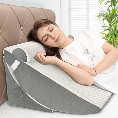 WENRENER Bed Wedge Pillow for Sleeping, Adjustable Foam Wedge Pillow for Post Surgery, Elevated Triangle Pillow for Acid Reflux, Back Pain Relief, Leg Support, 3pack, White&Light Gray