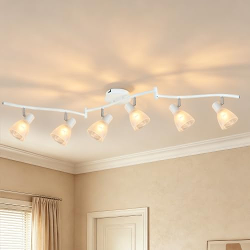 Unikcst 6 Way Kitchen Lights Ceiling Rotatable White Spot Lights Ceiling E14 Spotbars Kitchen Ceilings Light for Bedroom Living Room Lounge, No Bulbs