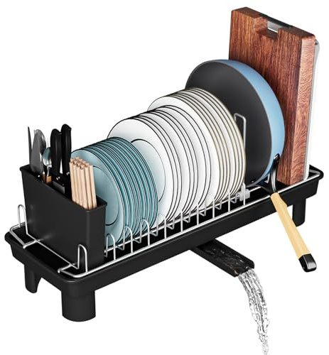 Dreamhigh® Scolapiatti da Appoggio, Scolapiatti Acciaio Inox, Scolapiatti da Appoggio per Lavello con Vassoio e Portaoggetti, con Drenaggio Automatico per Cucina, Campeggio e Camper