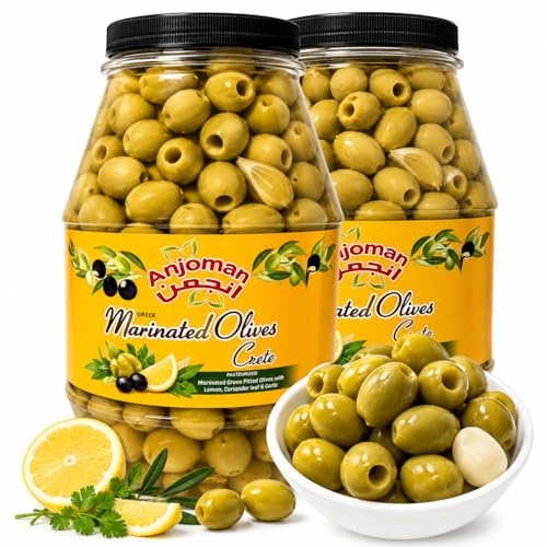 ANJOMAN Marinated Olives Crete Pack of 2 x 3.3L | Green Pitted Olives with Zesty Lemon, Garlic & Coriander | Greek Mediterranean Table Olives