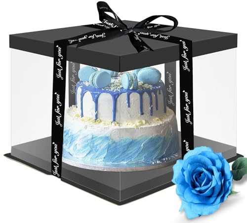 Xunerloy Transparente Tortenbox 10 INCH, Tortenkarton Hoch Tortenschachtel Geschenkbox Durchsichtig Cake Box Dessert Box Würfelschachteln mit Deckel und Band für Geburtstag Geschenk 30x30x25cm