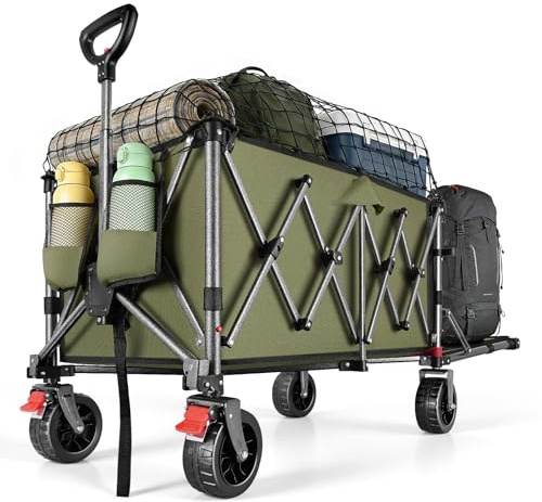 YEAUPE PRO Faltbarer Bollerwagen mit Feststellbremse – All-Terrain-Großräder, öffnendes Heck für Lange Gegenstände und Spanngurtnetz für Camping, Strand, Garten, Olivgrün (150-240L)