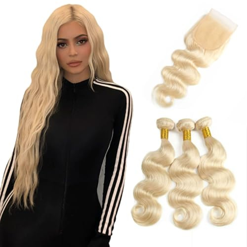 FUIBEJAE #613 Paquetes de Cabello Humano Rubio Suelto con Onda Profunda con Cierre, Extensiones de Cabello Virgen Brasileño con Cierre de Encaje para Mujeres Negras,14 16 18+14closure