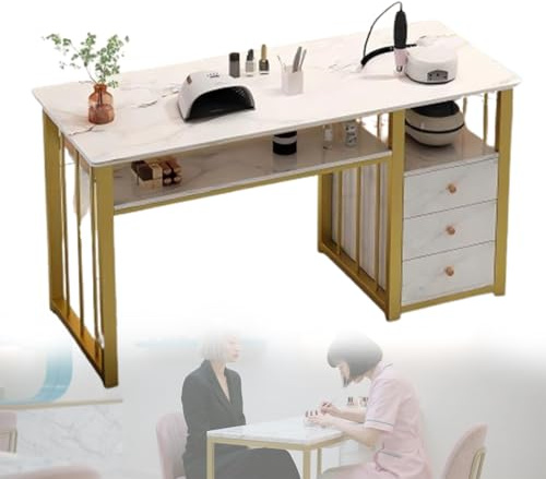 Moderna mesa de manicura de mármol de doble capa con cajón, elegante estación de trabajo para salón de belleza y decoración de uñas, 100 cm