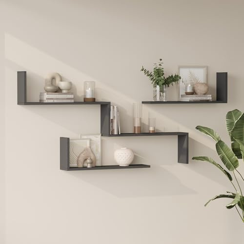 [en.casa] Set Modulare di 3 Mensole a Parete Scaffale da Muro a Gradini e 2 Ripiani Componibili per Libri Oggetti Decorativi Soggiorno Studio Cucina Ingresso - Antracite