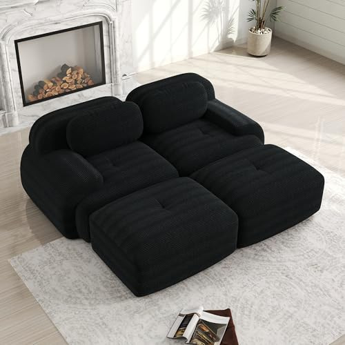 Modernes Cord Sofa Modular mit Chaiselongue, Rutschfeste Basis rutschfestes mit ergonomischen Armlehnen & hochelastischer Polsterung, modernes Sofa für Wohnzimmer &Schlafzimmer，Schwarz, 2-Sitzer+2