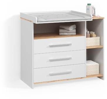 Livinity Wickelkommode Torino Weiß/Goldkraft Eiche | mit 3 Schubladen