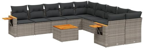 Foknhdi 11-TLG. Gartenmöbelset Poly Rattan Sofa Eckgruppe grau 110 kg belastbar 62x62x69 cm mit Akazienholz Tisch Kissen UV-beständig für Terrasse Balkon und Wintergarten