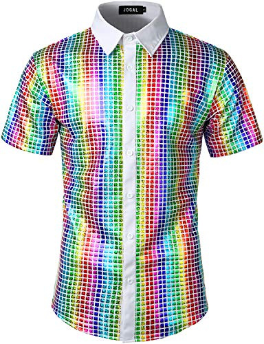 JOGAL Herren Pailletten Kleid Shirt 70er Disco Party Kustüm Large Weiß Mehrfarbig