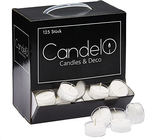 Candelo 125 Teelichter 4 Std Brenndauer - ohne Duft - Wiederverwendbare Kunststoff Hülle - Teelicht Vorrat Großpackung in Weiß geruchsneutral