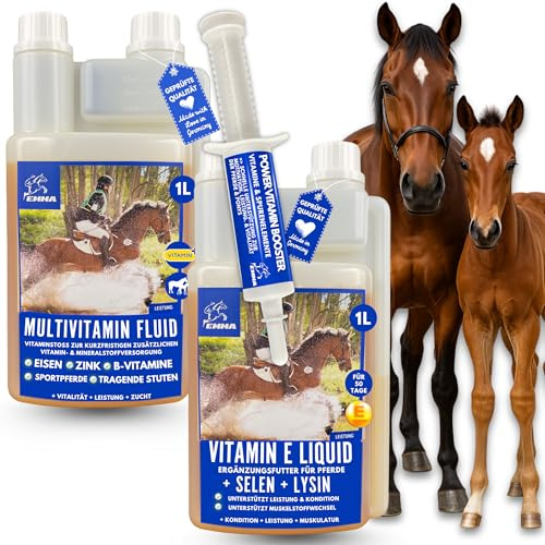 EMMA Mineralfutter Pferde Set 5kg Pellets + 1L Vitamin Liquid + Vitamin B Komplex Paste 30ml | Selen Pferd | Vitamin E D A C B12 | Magnesium | Bierhefe | Immunsystem & Muskelaufbau