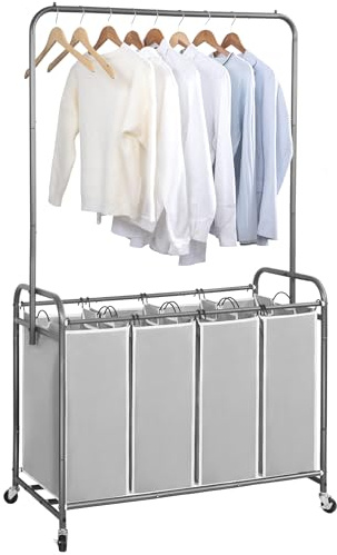 STORAGE MANIAC Wäschesortierer mit Aufhängestange, tragbar, abnehmbarer Wäschekorb mit robusten, rollbaren feststellbaren Rädern und abnehmbaren Taschen, rollender Wäschekorb, Organizer, 181 l, 4