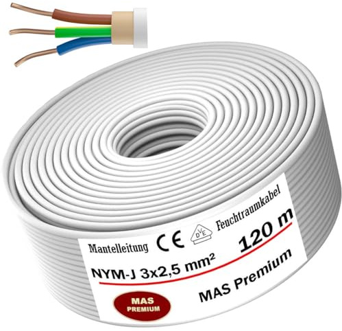 MAS Premium Câble d'alimentation NYM-J pour pièces humides - 5 à 200 m - Câble gainé NYM-J 3 x 1, 5 2,5 4 6 10 ou 5 x 1,5, 2,5, 4, 6, 10 16 - Câble électrique pour pose fixe (NYM-J 3 x 2, 5 mm², 120 m