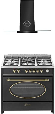 GURARI Gas Standherd, Herdset GCH E 914 BL r + GCH T 466 90 BL Prime, Retro Backofenset 90 cm, Range Coocker 121 L, Schwarz + Dunstabzugshaube, Wandhaube 90 cm, Schwarz mit Glas, Abluft/Umluft